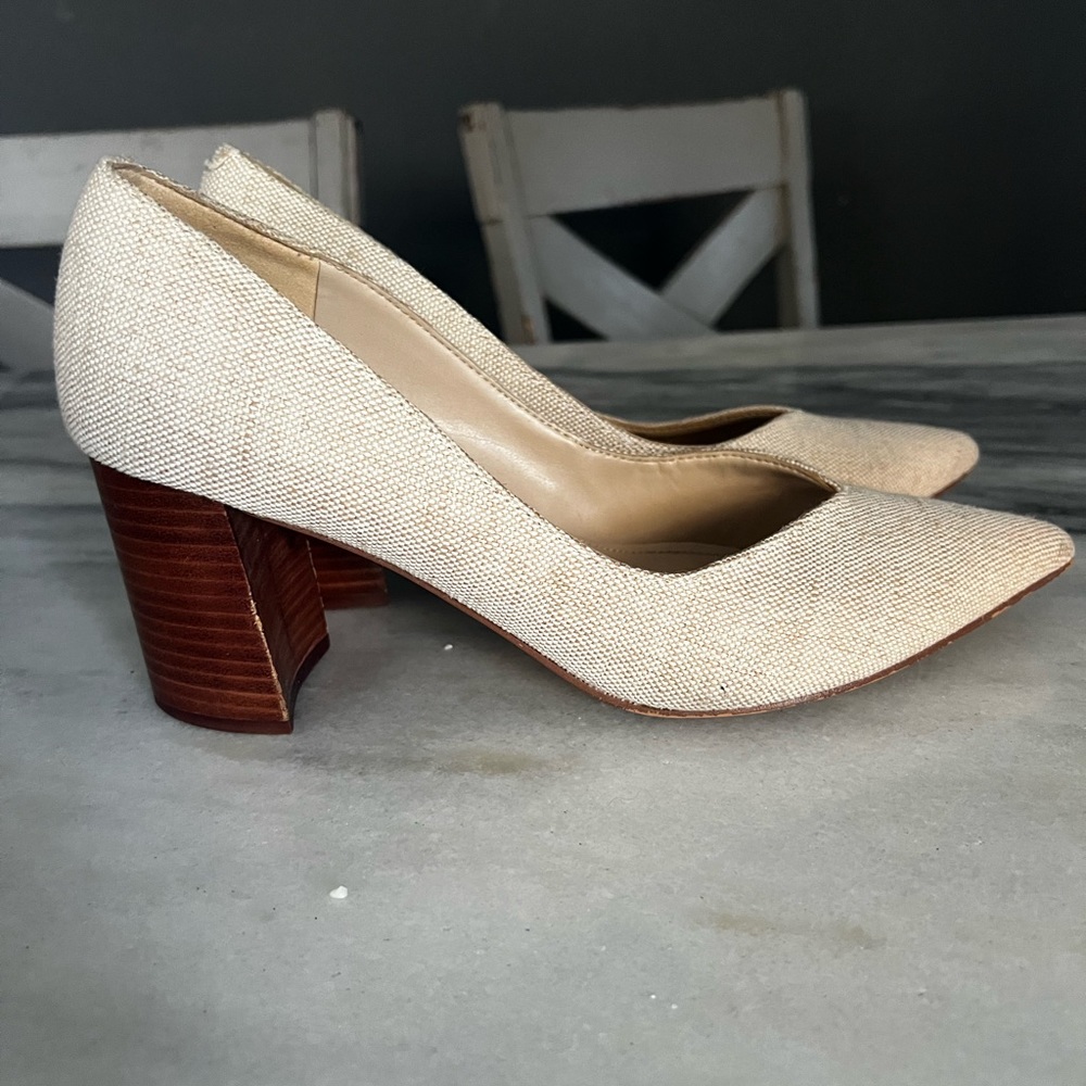 Marc Fisher linen woven pump with blocked heel
